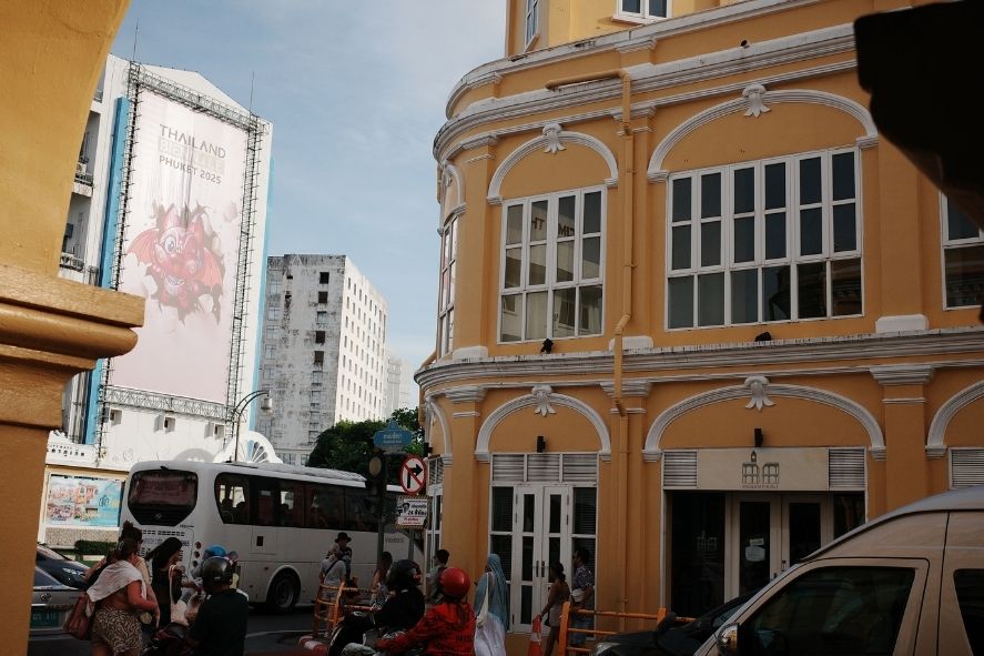 street scene in phuket old town with bright buildings